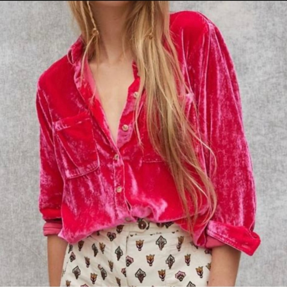 Anthropologie Pilcro Hadley Relaxed Buttondown Shirt Velvet Edition Pink Small